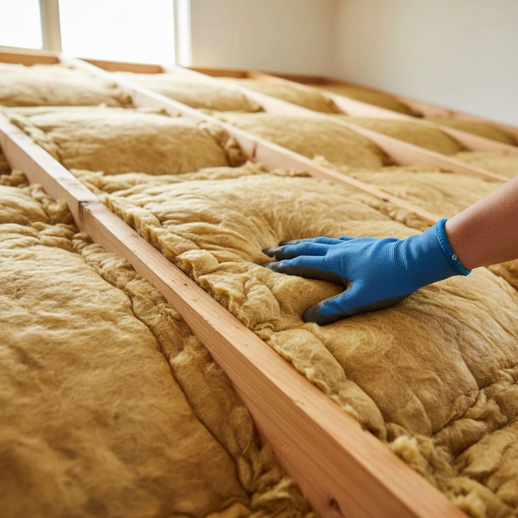 Gloved hand positioning insulation batts between timber framing