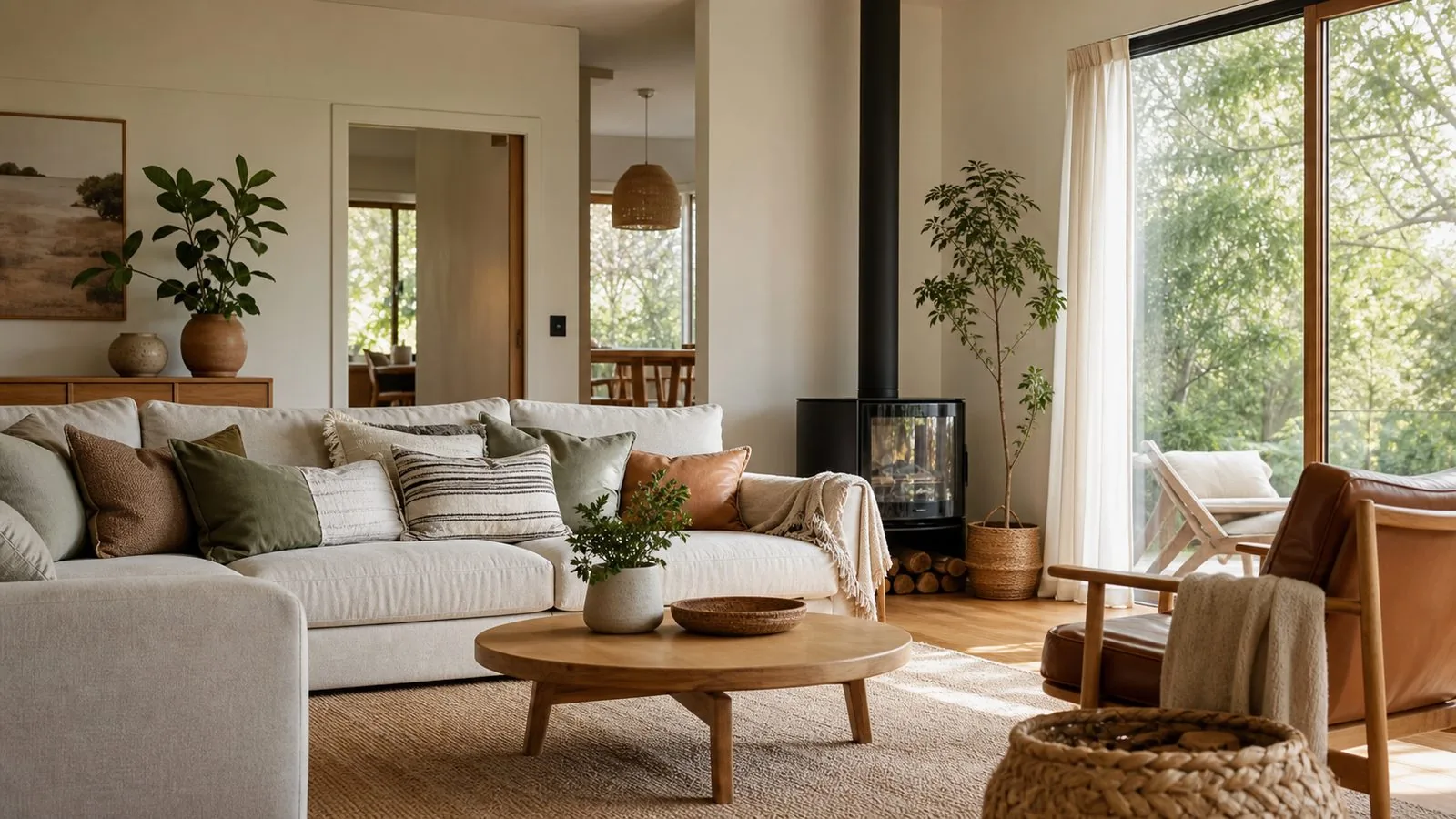 Living room with timber floor, large windows and upholstered seating